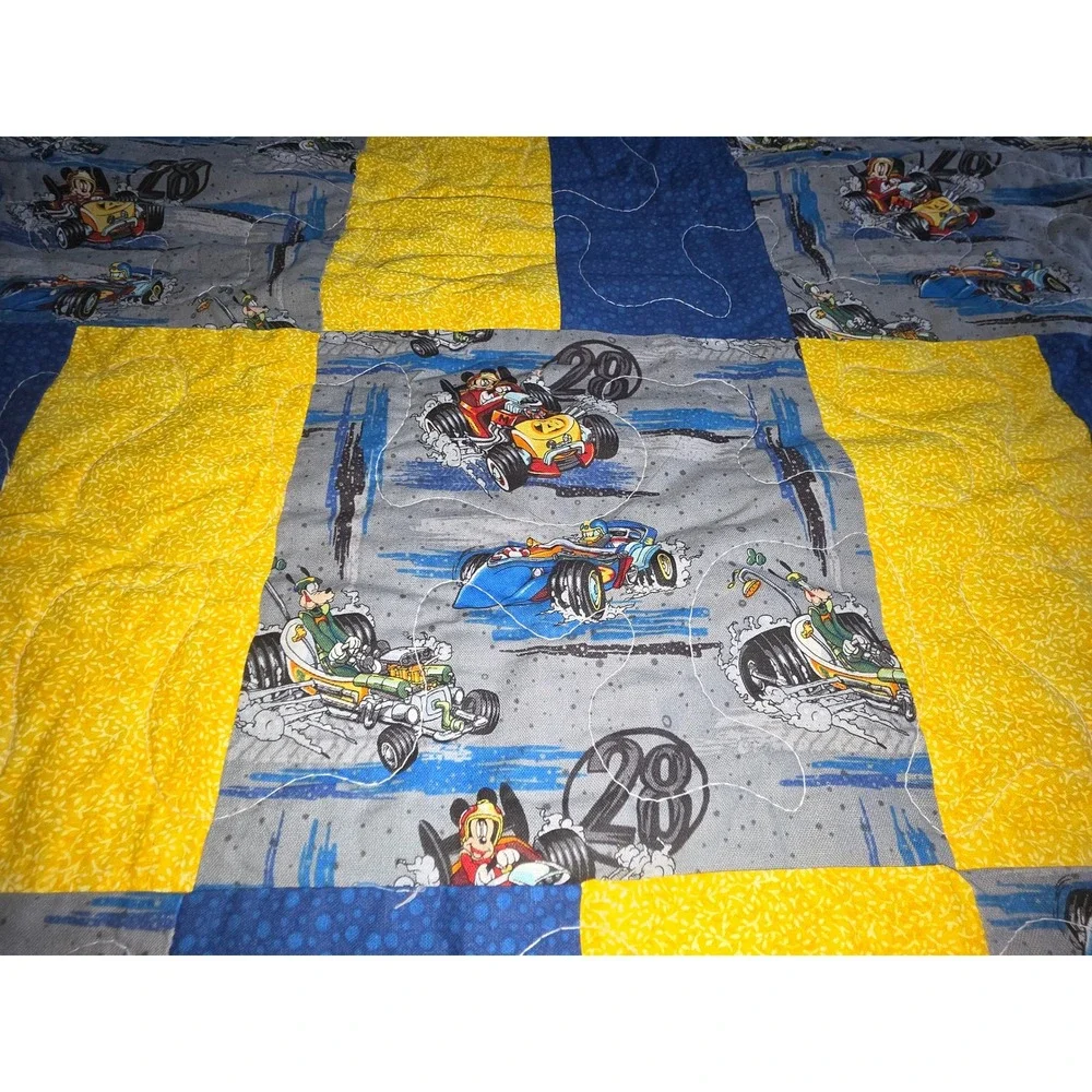 Handmade Disney Mickey Mouse Racing Patchwork Quilt Toddler Blanket 38x38 Blue
